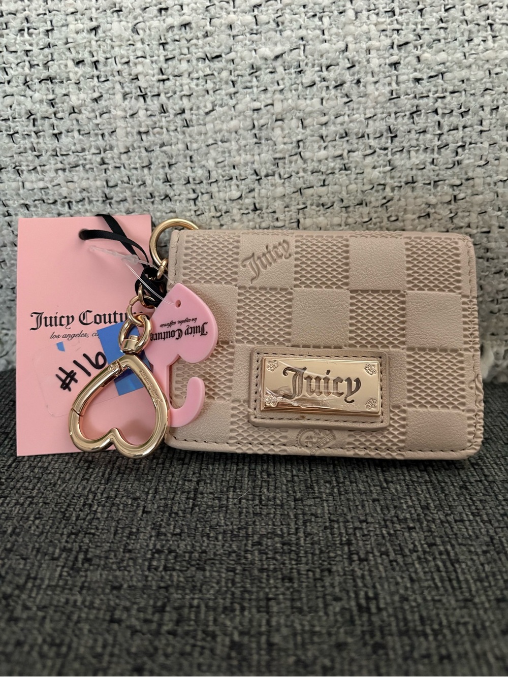 Juicy Couture Pink-Beige Checkered Card Holder with Heart Keyring